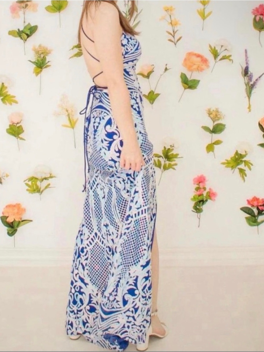 Blue and White Maxi Dress with Back Tie